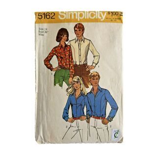 Vintage 70s Simplicity Sewing Pattern 5162 Misses Button Shirt Big Collar Sz 14